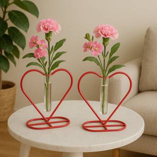 Bloomery Heart-Shaped Test Tube Flower Vase Set – Modern Metal Stand with Glass Tube Glass, Iron Vase