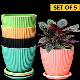 बेलरबर्ड 5 Pack Round Flower Pots Outdoor Indoor Planters with Drainage Hole and Tray प्लास्टिक वास