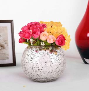 TIED RIBBONS Faux Yellow and White Rose Flowers with Mercury Glass Vase for Home Decor, Center Table, Bedroom, Side Corners, Living Room Décor Glass Vase