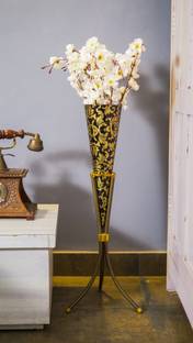 GROOVE AND GRAINS Set of 2 Black and Golden Floral Iron Vase