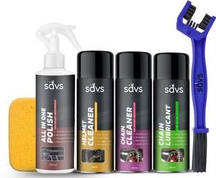 SAVS Combo Of Chain Cleaner + Chain Lubricant + Helmet Cleaner + Bike Polish With Cleaning Brush | Shines & Protects Chain | Heavy Exterior Cleaning Complete kit Chain Oil