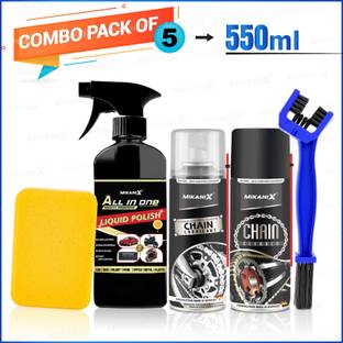 MIKANIX Combo Of Chain Lubricant + Chain Cleaner + Bike & Car Polish With Cleaning Brush Cleans | Shines & Protects Chain | Car Dashboard Interior & Exterior Cleaning | Chain Oil