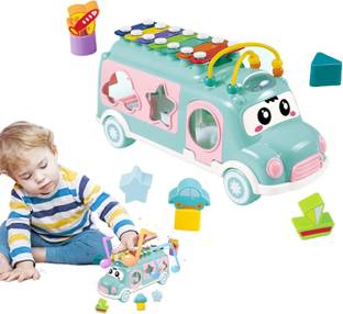 Sotnof Xylophone Toy Musical School Bus 3 in 1 Push Pull & Shape Sorter Educational Toy