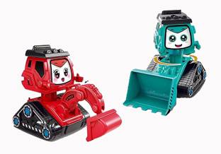 SR Toys Press & Go Excavator and Bulldozer Robot Truck Toy for kids [pack-2]