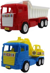neoinsta shopping Set of 2 Combo Friction powered Blue|Yellow JCB and Red|White dumper trucks