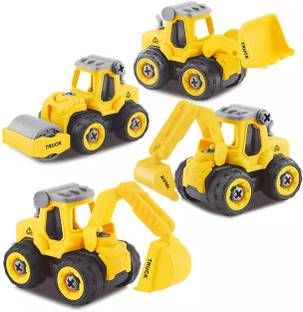 Extrawish Pull Back Construction Vehicles Set, 4 Pack DIY Take Apart Toys Construction Trucks with 1 Screwdriver Tools, Kids Building Cars Birthday for Boys Toddlers 3,4,5,6,7 Year Olds