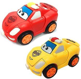 HK Toys 2pcs Bright Colour Mini Racing Friction Family Transformer Toy Racing Car Convert from CAR to Robot / Push n go