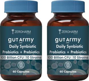 ZEROHARM Gut Army Probiotics & Prebiotics -100 Billion CFU, 10 Strains & Inulin Support