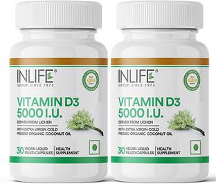 INLIFE Plant Based Vegan Vitamin D3 from Lichen, 5000 IU 30 Vegan Capsules (2 Pack)