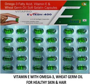 VITAPRO Evikon Vitamin E Wheat Germ Oil Omega 3 Softgel Capsule Shiny Hair Glowing Skin