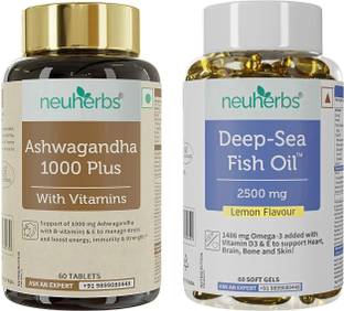 Neuherbs Athlete Nutrition Supplement Combo-Fish Oil Omega 3-60 softgel+ Ashwagandha 60 Tab