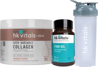 HEALTHKART HK Vitals Skin Radiance Collagen (Orange, 100 g) Fish Oil 1000mg & 650 ml Shaker