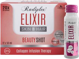 Radiplex Elixir Beauty Shot For Skin & Hair - 5000 mg Marine Collagen, Hyaluronic Acid, Coenzyme Q10 & Other Nutrients | Best Collagen Shots | Increses Skin Hydration & Skin Firmness (Pack of 12 Shots) 