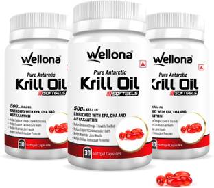 Wellona Antarctic Krill Oil Softgels 500mg Enriched with Omega-3, EPA, DHA & Astaxanthin