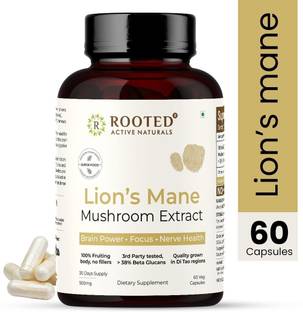 ROOTED Lions Mane mushroom Extract Capsules (500 mg) | Memory, Brain & Nerve Health