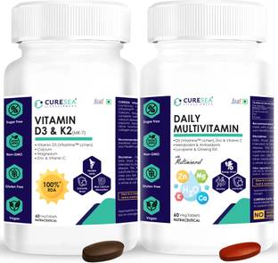 CURESEA LIFESCIENCES Vegan Vitamin D3 (Lichen) & K2 (MK-7) and Daily Multivitamin with Lycopene Combo