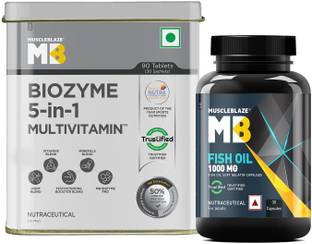 MUSCLEBLAZE Biozyme Daily Multivitamin, 90 Tablets with Omega 3 Fish Oil 1000mg, 30 Capsules