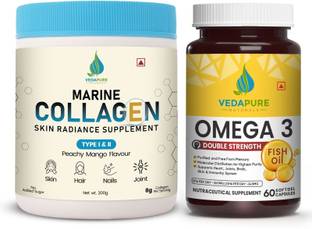 Vedapure Marine Collagen & High Strength Fish Oil Omega 3 | SKin Glow Supplement