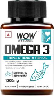 WOW Life Science Omega-3 Fish Oil 1300 mg Triple Strength 550 EPA + 350 DHA Enriched