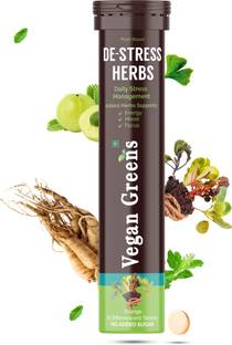 Vegan Greens Plant Based DE-STRESS Herbs. Stress, Energy, Mood 25 Effervescent Tablets Orange
