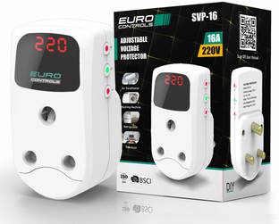 यूरो SVP-16 16 Amp Digital Adjustable Under/Over Voltage Protector & Spike Protector डिस्प्ले टाइम डिले और इंडिया कम्पेटिबल सॉकेट और प्लग के साथ सॉकेट वोल्टेज गार्ड