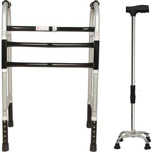 kgn surgical Portable Light Weight Height Adjustable Foldable Walker( COMBO PACK) Walking Stick