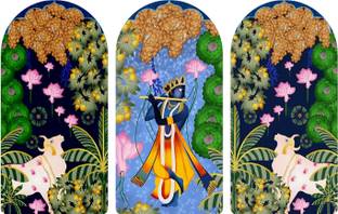 BookYourGift Krishna Ji Pichwai Wood Print Wall Art Set of 3 Decor Pack of 3