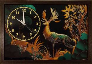 LujoLove Deer Wall Painting Clock – Crystal Work, Glossy Finish, Gold Frame (45x30 cm)