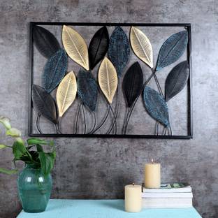 Amaya Decors Black, Gold & Blue Etching Leaves Rectangular Wall Decor
