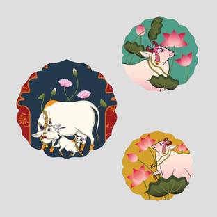 Fabaura Pichwai Designer Wooden Wall Hanging Art Item for Home, Living Room (WH_8814N-F) Pack of 3