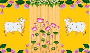 Backdropon Cows with Lotus Flower Design Printed Fabric Backdrop(5Feet Height &8Feet width)