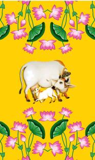 Backdropon Kamdhenu Cow with Calf Design Printed Fabric Backdrop(8Feet Height &5Feet width)