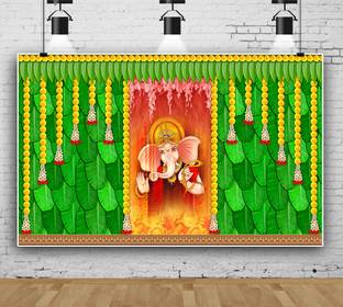 HRK CREATION Banana Green Leaf With MComplete ganpati backdrop set (8*5 Feet)