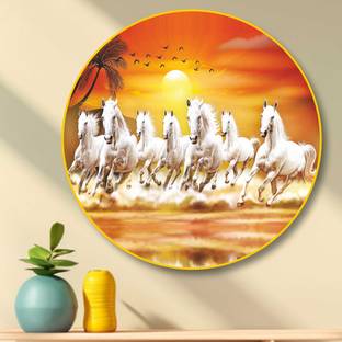 saf 7 Running Horses Crystal Embedded High Gloss Mirror Surface Golden Slim Frame Digital Reprint 23 inch x 23 inch Painting