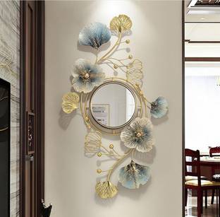 Royal Heritage crafts Metal Wall Hanging Blue and Golden Vertical Mirror Wall Art for Home Decor