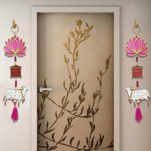 GIFT JAIPUR 3 Tier Pink Lotus Cow Shubh Labh Wall Hangings Diwali Home Door Decoration Pack of 2