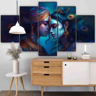 saf Radha Krishna Wall Painting | 5 Panel Blue Divine Art | Spiritual Home Decor Pack of 5