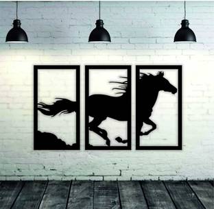 KV Art Running Hourse Three Set Black Frame Home Décor Wooden Wall Hanger for Bed Room