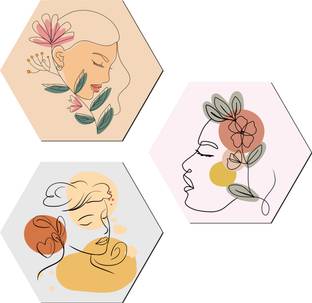 KK CRAFT Wooden Decorative Hexagon Women Face Paintings For Wall Decor Pack of 3