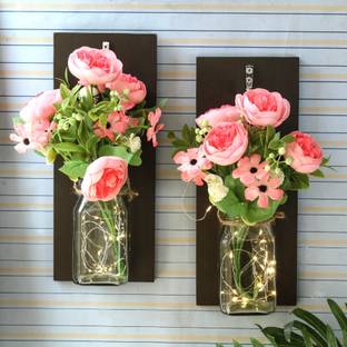 TIED RIBBONS Wooden Wall Hanging Shelf with Glass Vase and Remote Led light Artificial Flower