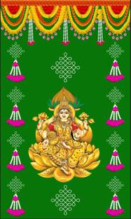 Arihant Creation Mahalaxmi Ji Digital Print With Green Background Backdrop Decorative Cloth