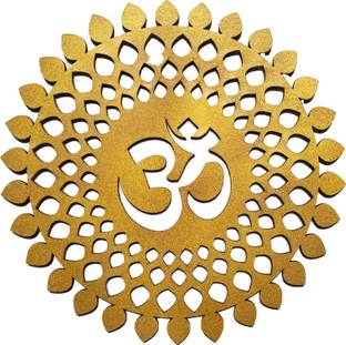 WORLD WIDE KART MDF Wooden Golden Om Round Decorative Wall Art For Temple, Room, Office 30X30cm