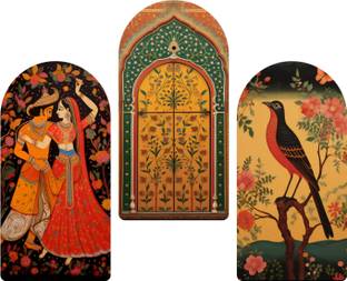 BookYourGift Traditional Rajasthani Couple Pichwai Wood Print Wall Art Set of 3 Decor Pack of 3
