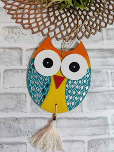 TASHKURST Handcrafted Owl Wood Tray with Mirror Work - Wall Decor