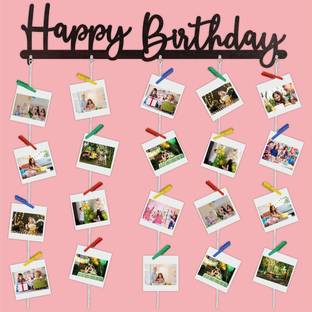CVANU Happy Birthday MDF Cutout Photo Display Hanging with Clips-Rope for Decor_c62