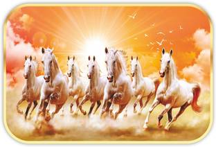 SAF PRINT saf 7 Running Horses Sparkle Glossy Round Golden Framed Large Painting Digital