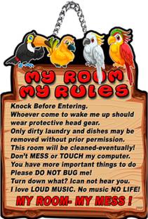 pnf My Room My Rules Quote Printed Home Wall Door Sign Hanging (Wooden, 11x9 Inch,brown)