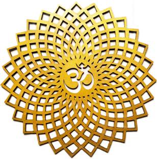 WORLD WIDE KART MDF Wooden Golden Om Round Decorative Wall Art For Temple, Room, Office 30X30cm