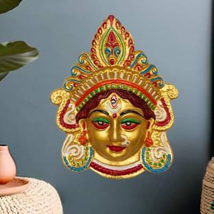 salvusappsolutions Handmade Multicolor Metal Maa Durga Face Mask Wall Hanging For Vastu, Pooja & Decoration (5x6 Inch)