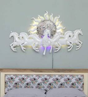 Vfrills Metal White Seven Horses Running with Sunrise and LED Light (Size 48*28 inches)